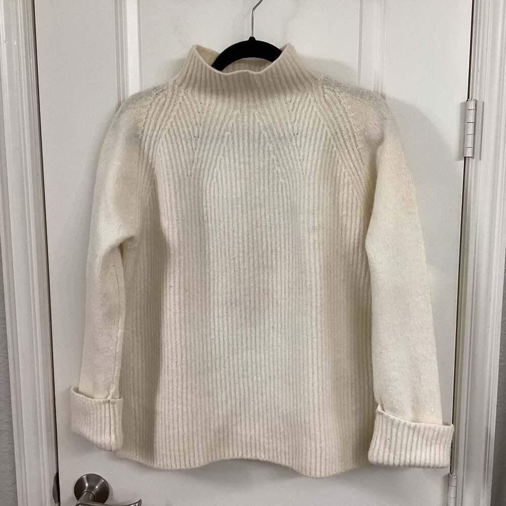 Vince Ribbed Wool Mixed Stitch Funnel Neck Sweater Ivory Size L